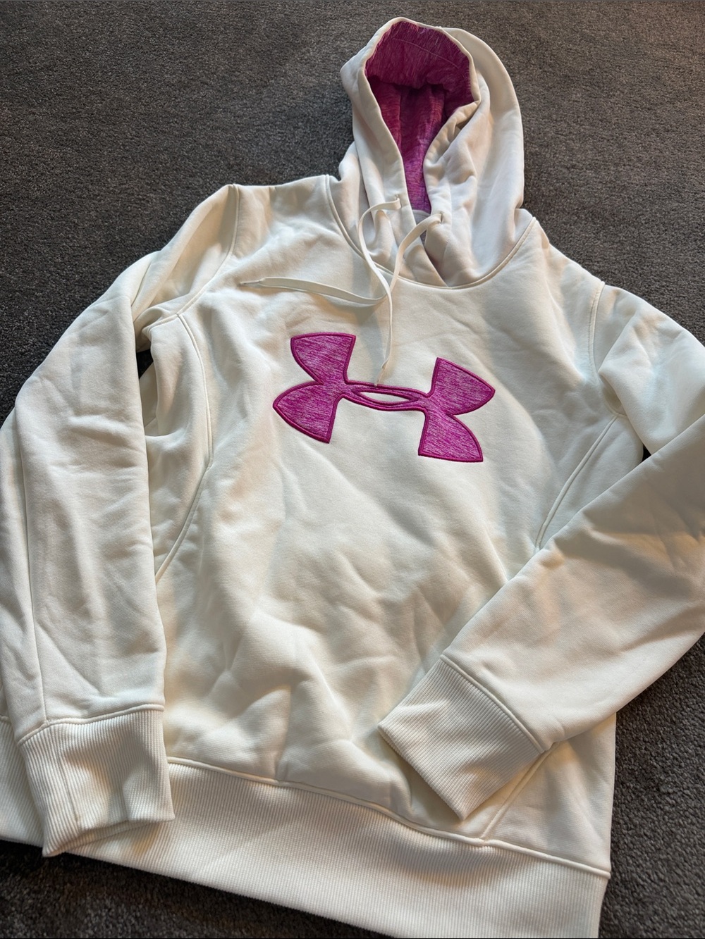 Under Armour Women’s Cream Pullover Hoodie with Pink Logo